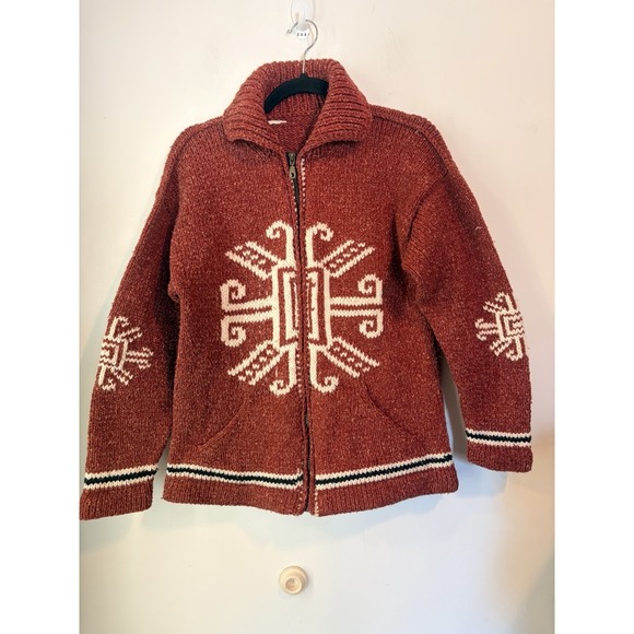 The Unbranded Brand Sweaters - Vintage Hand Knit Cowichan Style Wool Zip Sweater Rust Western Chunky Lodge M/L